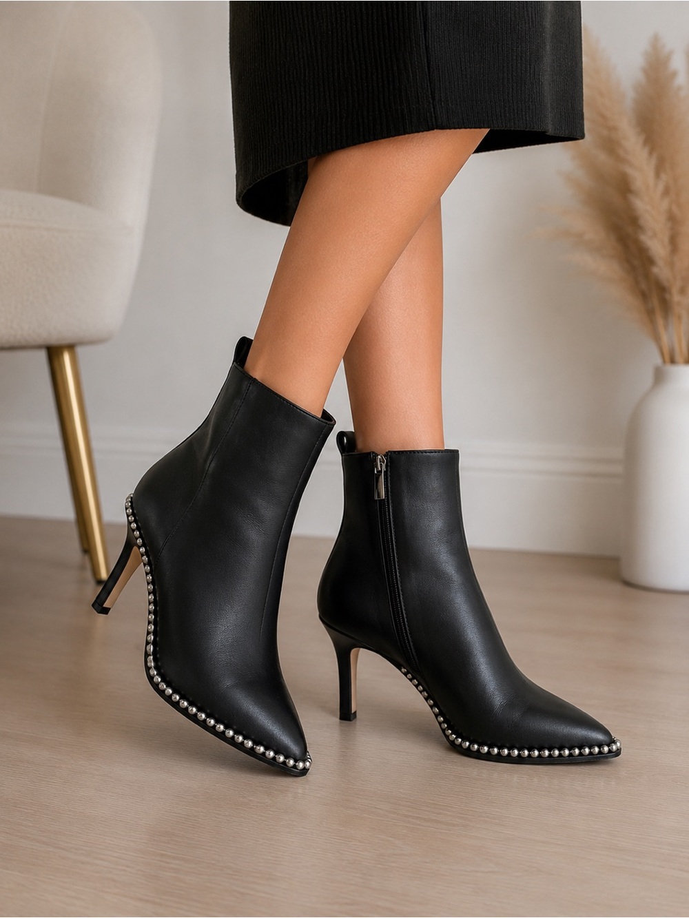 BCBGeneration Black Stud-Trim Pointed-Toe Ankle Boots